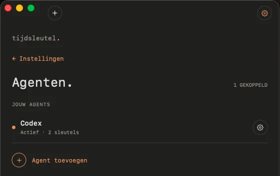 Het agentoverzicht toont Codex als actief met twee sleutels en de mogelijkheid een agent toe te voegen.
