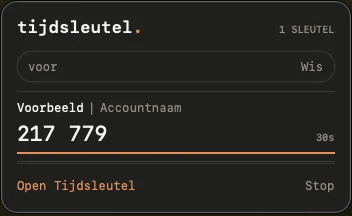 Tijdsleutel in de macOS-menubalk met zoekveld, voorbeeldaccount, verificatiecode en afteller.